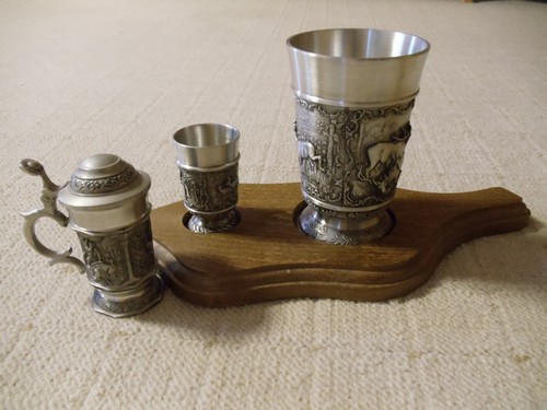 3er zinn set mit - 3er, holztablett